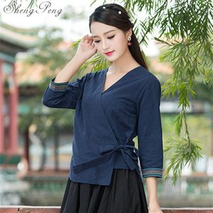 Linnen shirt vrouwen linnen kleding cheongsam top Chinese stijl mandarijn kraag blouses solid color linnen CC381