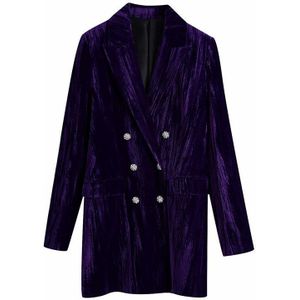 Evfer Herfst Stijlvolle Dames Za Paars Fluwelen Lange Blazers Vrouwen Mode Double Breasted Sieraden Knop Dikke Uitloper Jassen Chic