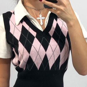 Preppy Stijl Argyle Gebreide Cropped Trui Vest Ongedwongen Mouwloze Vintage V-hals Plaid Jumper Vrouwen Herfst Trui Tops