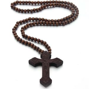 Hout Jezus Inri Cross Hanger Houten Kraal Gesneden Rozenkrans Ketting Voor Mannen Christelijke Religieuze Mannelijke Sieraden
