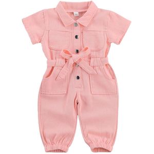 Focusnorm Mode Meisjes Jumpsuit Kleding Solid Korte Mouw Enkele Breasted Turn Down Kraag Rompertjes 1-6Y