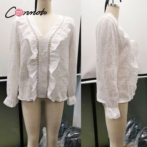 Conmoto V-hals Witte Blouse Vrouwen Lace Patchwork Hollow Out Tops Dames Lange Puff Mouwen Herfst Werkkleding Blouse