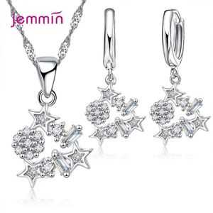 Vrouwen Geometrische Crystal Cubic Zirkoon Wedding Bridal Sieraden Sets 925 Sterling Zilveren Ster Hanger Kettingen Oorringen Set