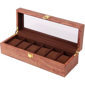 6 Slots Hout Horloge Display Box Case Glas Top Locking Organizer C