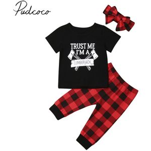 Baby Zomer Kleding Peuter Baby Jongen Meisje Baby Brief T-shirt Tops + Plaid Broek Leggings Hoofdband Outfit Sets 0 -24M