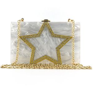 Vrouwen Acryl Zak Goud Vijf Ster Evening Clutch Tassen Wedding Banket Portefeuilles Met Ketting Wit Purse MN1666