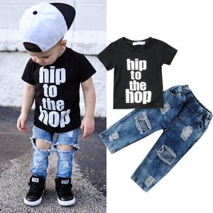 Kids Baby Boy Trainingspak Suits Korte Mouw Tee Tops t-shirt + Ripped Gaten Vernietigd Denim Broek Kinderen Casual Jeans Kleding Set