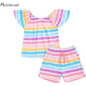 Zomer Meisjes Kleding Sets Regenboog Gestreepte Print Korte Mouwen T-shirts Tops + Shorts 2 Stuks