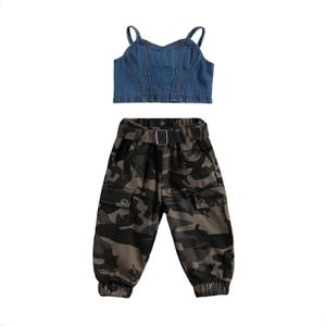 Peuter Kids Baby Meisjes Zomer Kleding Sling Mouwloze Denim Vest Top + Camo Cargo Broek Met Riem 2 Stuks Outfit set