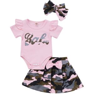 Baby Baby Meisjes Zomer Jumpsuit Set Brief Print Ruches Korte Mouwen Rompertjes En Camouflage Rok Met Hoofdband