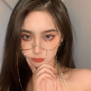 Mode Halve Frame Bril Zonder Lens Bril Frame Met Ketting Vrouwen Accessoires Metalen Ketting Ogen Bril Gezicht Sieraden