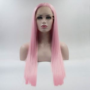 Bombshell Wit Roze Rechte Synthetisch Haar Lace Front Pruik Hittebestendige Vezel Natuurlijke Haarlijn Middenscheiding Voor Vrouwen Pruiken