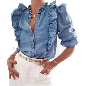 Boho Geïnspireerd Denim Blouse Vrouwen Ruche Tops V-hals Puff Mouwen Casual Blauw Blouse Vrouwelijke Plus Size Katoenen Blouse Femme