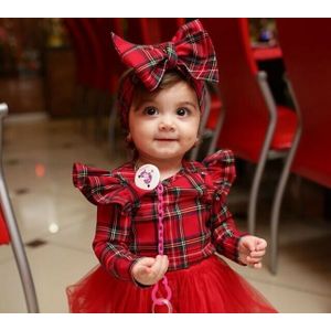 Pudcoco Kerst Jurk voor Pasgeborenen Herfst Peuter Baby Meisje Plaid Kleding Princess Party Tule Jurk + Hoofdband