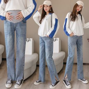 5505 # Kant Splitst Wijde Pijpen Losse Denim Moederschap Lange Jeans Elastische Taille Buik Rechte Broek Voor Zwangere Vrouwen Zwangerschap