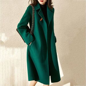Vrouwen Elegante Retro Wollen Jas Met Riem Winter Warm Overjas Uitloper Plus Size Vrouwelijke Koreaanse Groene Blends jas