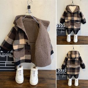 90-140Cm Kids Jongens Wollen Katoen Plaid Fleece Kasjmier Jassen Winter Herfst Kinderen Hooded Single Button Uitloper