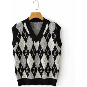 Casual Argyle Cropped Trui Vest Vrouwen Mouwloze Gebreide Trui Dames V-hals Preppy Stijl Plaid Tank Jumpers Herfst Winter