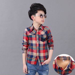 Grote Kinderen Winter Warm Shirt Voor Jongens Lange Mouwen Turn-Down Kraag Plaid Wol Shirt Tiener Tops Katoen Kinderen kleding 5-14 Y