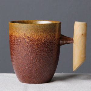 Japanse Stijl Vintage Keramische Mok Tumbler Roest Glazuur Thee Melk Bier Mok Met Houten Handvat Water Cup Thuis kantoor