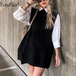 Forefair O Hals Mouw Beige Knit Casual Loose Trui Vest Herfst Winter Oversized Streetwear Split Trui Vesten