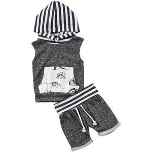 casual Peuter Kids Baby Boy mouwloze gestreepte hooded tank Tops + Shorts Broek 2pcs kid Outfit Dinosaurus kleding Set