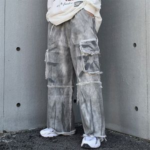 Contrast Ripped Pocket Tie Dye Print Denim Broek Streetwear Hip Hop Trainingspak Vintage Punk Jeans Japanse Mannen Mode Plus Size