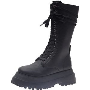 Zwarte Knie Hoge Laarzen Platform Vrouwen Lace Up Motorlaarzen Dikke Zool Lange Laarzen Vrouwen Punk Schoenen Botas Mujer