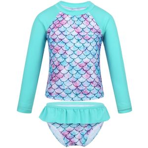 TiaoBug Kids Meisjes Tankini Lange Mouwen Mermaid Fish Scale Gedrukt Rashguard Strand Badmode Kinderen Tops Bottom Badpak Set