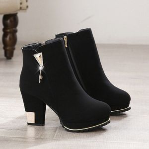 Enkellaars Vrouwen Platform Hoge Hakken Vrouwelijke Kant Rits Korte Laars Casual Dames Fluwelen Warm Strass Botas Mujer