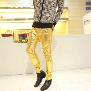 Heren Skinny Faux Pu Lederen Broek Shiny Silver Gold Broek Broek Nachtclub Mode Podium Kostuums Voor Zangers Danser Mannelijke