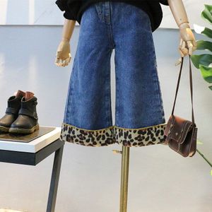 Meisje kinderen mode luipaard flared jeans voor winter fluwelen warm denim broek baby kinderen broek kleding