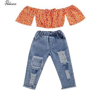 Baby Zomer Outfit Oranje Bloemen Off-Schouder Korte Mouwen Top + Ripped Jeans Kostuums Voor Peuter Meisje 9 maanden Tot 5 Jaar