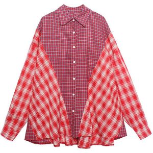 Chicever Rode Plaid Shirt Voor Vrouwen Revers Kraag Lange Mouwen Hit Kleur Patchwork Oversized Blouse Vrouwelijke Kleding