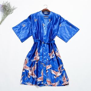 Mannen Gewaden Kleding Zomer Chinese Zijde/Satijn Crane Print Kimono Lange Robe Gown Nightrobe Badjas Slaap Night thuis Slijtage