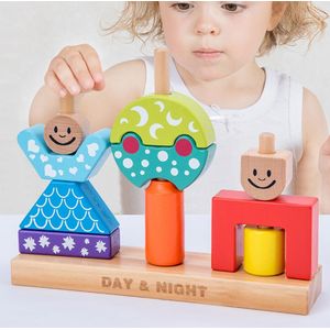 Kids Stapelen Speelgoed Houten Cartoon Dag Nacht Pijler Blokken DIY Building Vroeg Leren Baby Educatief Speelgoed