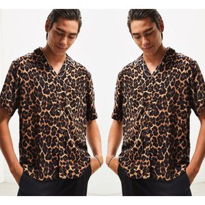 Mannen Zomer Mode Toevallige Revers Luipaard Korte Mouwen Shirt Top Blouse Mannen Zomer Modus Toevallige Revers Luipaard Korte