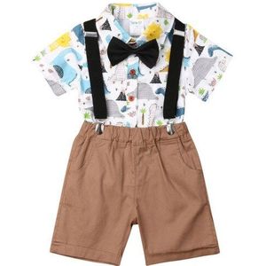 Baby Zomer Kleding Peuter Kid Baby Boy Gentleman Kleding Cartoon Dinosaurus Print Shirt Top + Overall Shorts 2 Stuks outfit Set