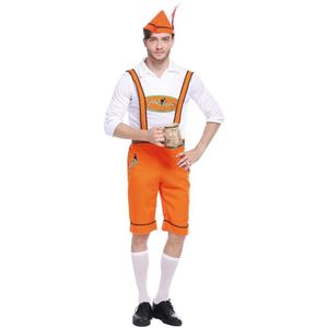 Man Vrouwen Beieren Oktoberfest Oranje Bier Kostuum Shirt Lederhosen Jarretel Jurk Bier Meisjeuitrusting