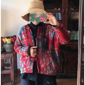 Elegante Rode Katoen Gewatteerde Vrouwen Korte Jas Traditionele Chinese Stijl Ladise Tang Pak Top Prachtige Mandarijn Kraag Winter Gewaad