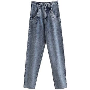 Vintage Stijlvolle Gewassen Effect Hoge Taille Jeans Vrouwen Mode Rits Zakken Vrouwelijke Denim Broek Toevallige Broek