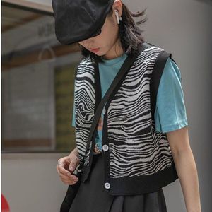 Zachte Trui Vest Vrouwen Herfst Koreaanse Stijl Vintage Zebra Gestreepte V-hals Mouwloze Vest Korte Gebreide Vest