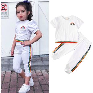 Zomer Kinderen Meisjes Kleding Regenboog Gestreepte Print T-shirts Tops + Lange Broek Leggings Trainingspakken Suits 0-4Years