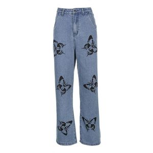 Yyxz Zomer Mode Schattige Losse Sml Print Vlinder Straight Jeans Hoge Taille Vrouw Casual Denim Broek Lady Katoen Jeans Broek