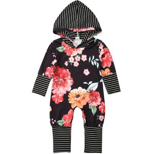 Pasgeboren Baby Meisje Jongens Rompertjes Lange Mouw Gestreepte Bloemen Hooded Romper Kleding Speelpakje Jumpsuit