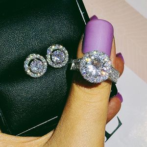 925 Sterling Zilveren Sieraden Set Halo Engagement Ring Ronde Stud Earring Voor Wedding Valentijnsdag Party J5571