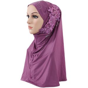 Vrouwen Effen Kleur Kant Strass Moslim Hijab Wrap Islamitische Sjaal Cap Head Cover
