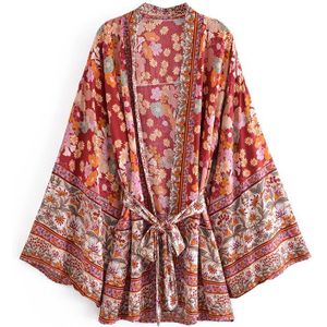 Boho Vintage Rode Bloemenprint Sjerpen Kimono Vrouwen Bohemian V-hals Batwing Mouwen Happie Korte Robe Kimono