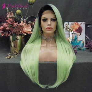 Pinkshow Groene Pruiken Voor Vrouwen Lange Kant Pruik Rechte Synthetische Lace Front Pruik Hoge Temperatuur Fiber Donkere Wortel Cosplay Pruik