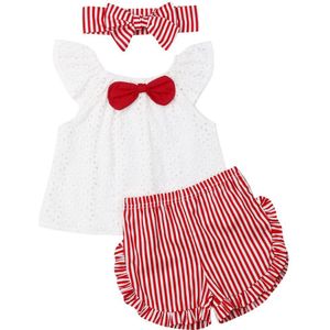 Pasgeboren Baby Meisje Kleding Fly Mouw Tops Gestreepte Korte Broek Strik Hoofdband 3Pcs Outfits Kleding Zomer